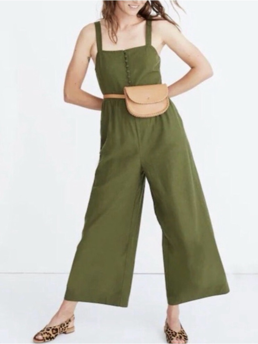 Olive Wide-Leg Jumpsuit with Button Front